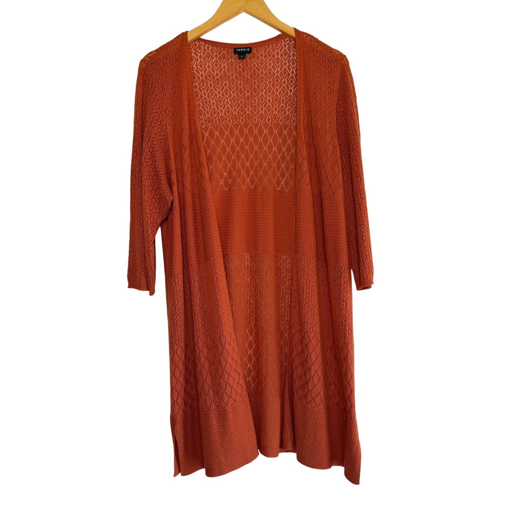Torrid Womens Terracotta Orange Pointelle Knit Open Front Duster Cardigan 2 2X